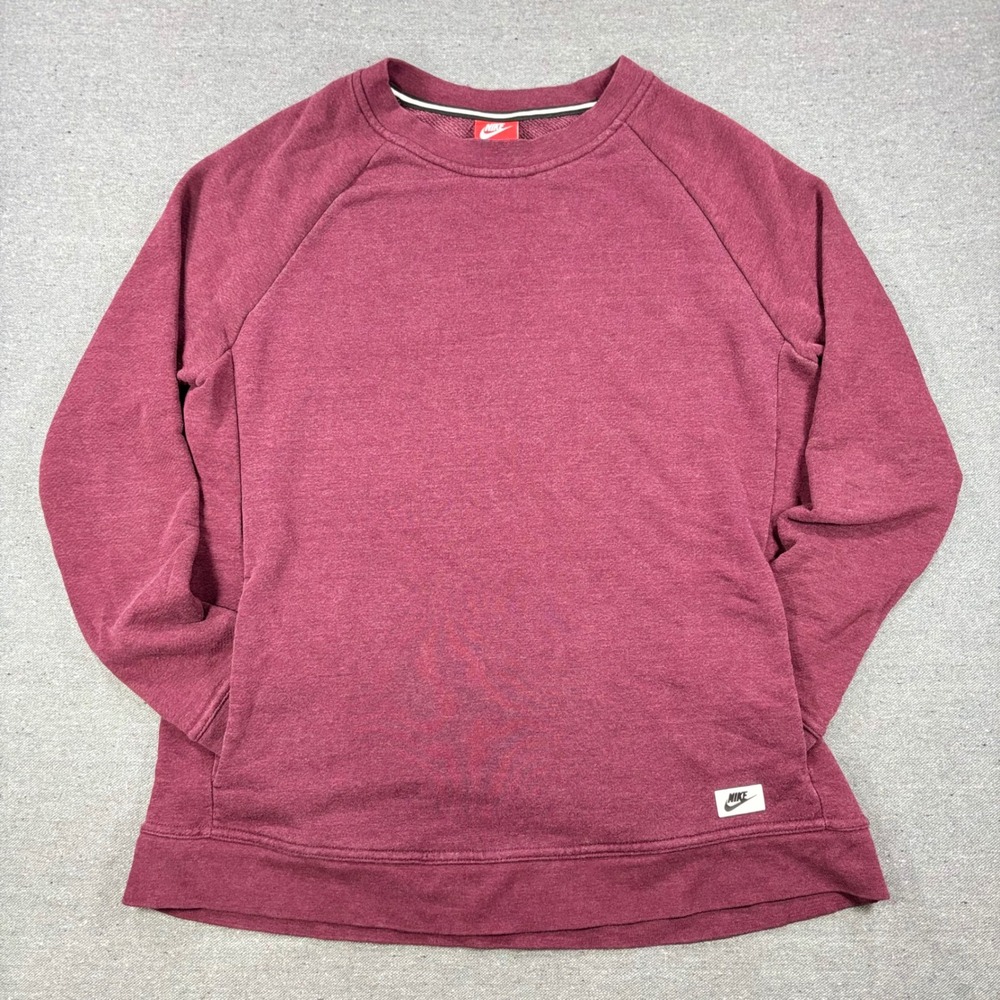 Nike Sweatshirt Women Medium Burgundy Raglan Sleeve Crew Neck Pocket Pullover - Picture 1 of 8